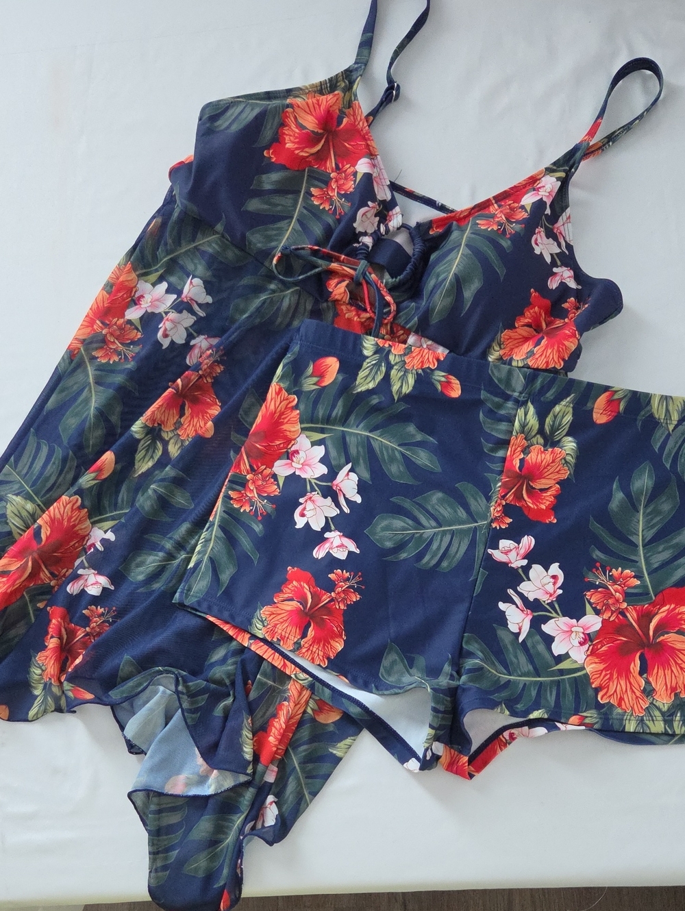 Navy Floral Satin Swimsuit with Red Hibiscus